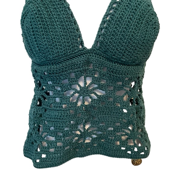 Hand crafted Halter 4.99 Ship Teal Crochet large crop top Hippie Bohemian - Picture 4 of 7